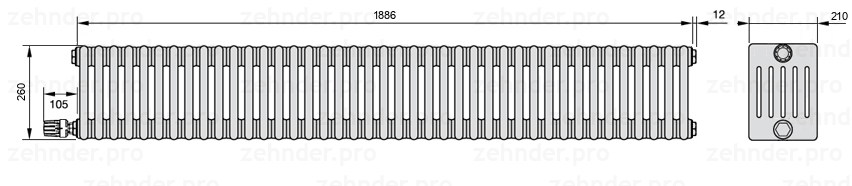 Схема (чертеж) Радиатор Zehnder Charleston 6026/41 №V004 Белый глянцевый RAL 9016